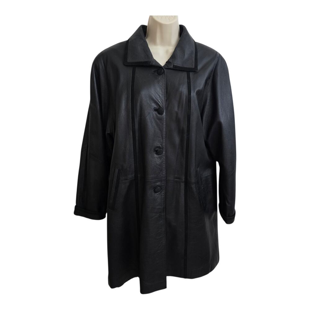 Vintage Y2K Genuine Leather Oversized Trench Coat Mid Length Button Front Sz S - Picture 1 of 9